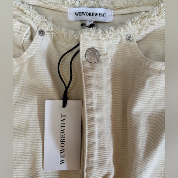 WEWOREWHAT HIGH RISE WIDE LEG FRAYED STRAIGHT LEG CREAM DENIM PANTS JEANS SZ 27 - Picture 5 of 13